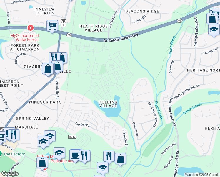 map of restaurants, bars, coffee shops, grocery stores, and more near 1498 Friendship Chapel Road in Wake Forest