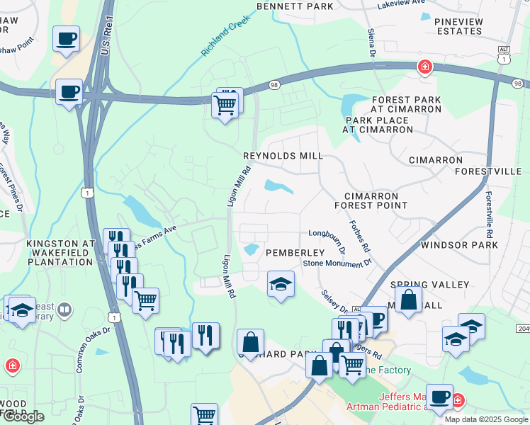 map of restaurants, bars, coffee shops, grocery stores, and more near 625 Millers Mark Avenue in Wake Forest