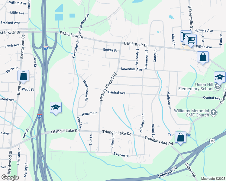 map of restaurants, bars, coffee shops, grocery stores, and more near 2715 Central Avenue in High Point