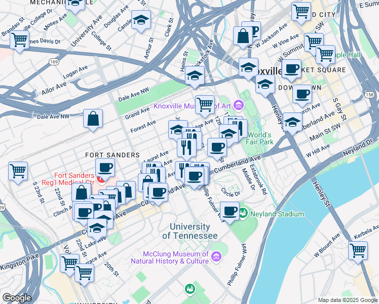 map of restaurants, bars, coffee shops, grocery stores, and more near 1519 White Avenue in Knoxville