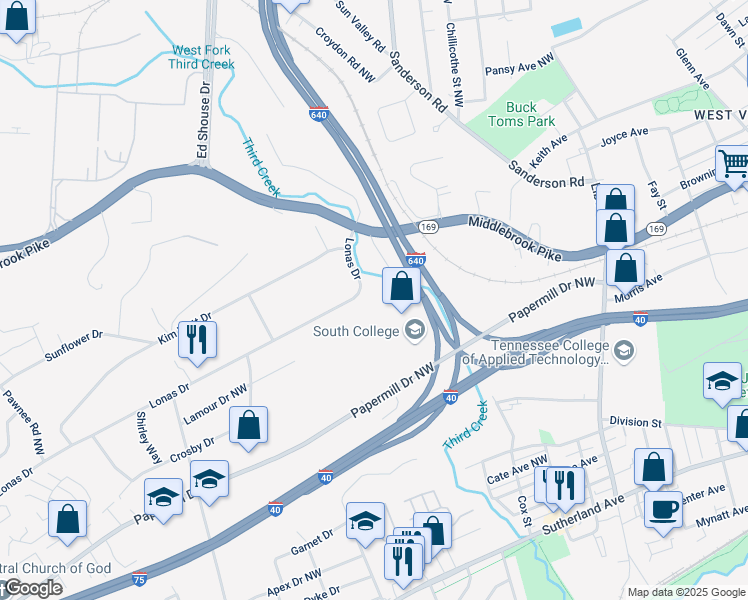 map of restaurants, bars, coffee shops, grocery stores, and more near 3919 Lonas Drive in Knoxville
