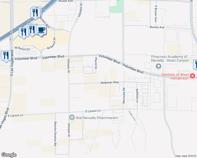 map of restaurants, bars, coffee shops, grocery stores, and more near Welpman Way in Henderson