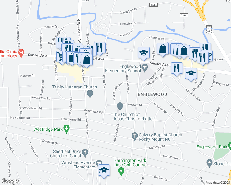 map of restaurants, bars, coffee shops, grocery stores, and more near 209 Old Colony Way in Rocky Mount