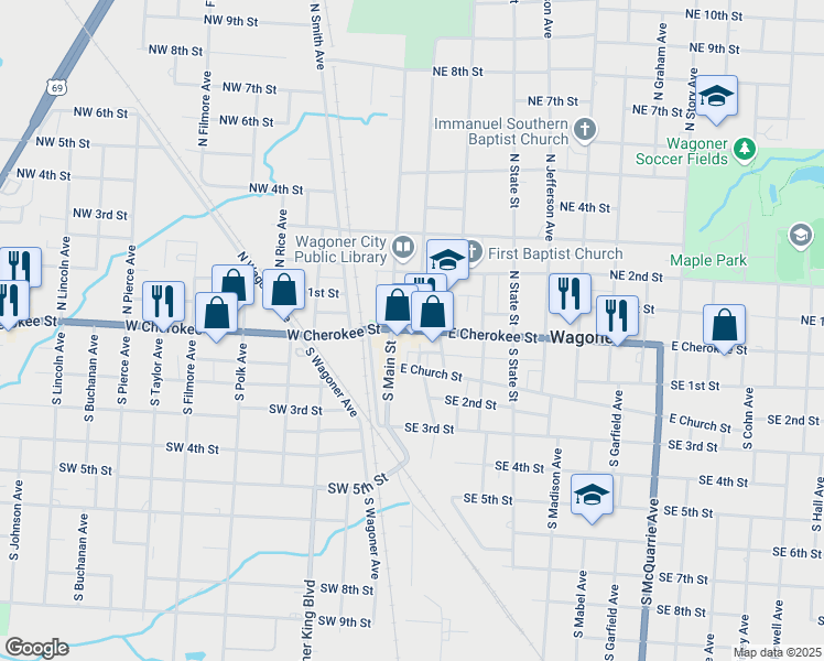 map of restaurants, bars, coffee shops, grocery stores, and more near 203 East Cherokee Street in Wagoner