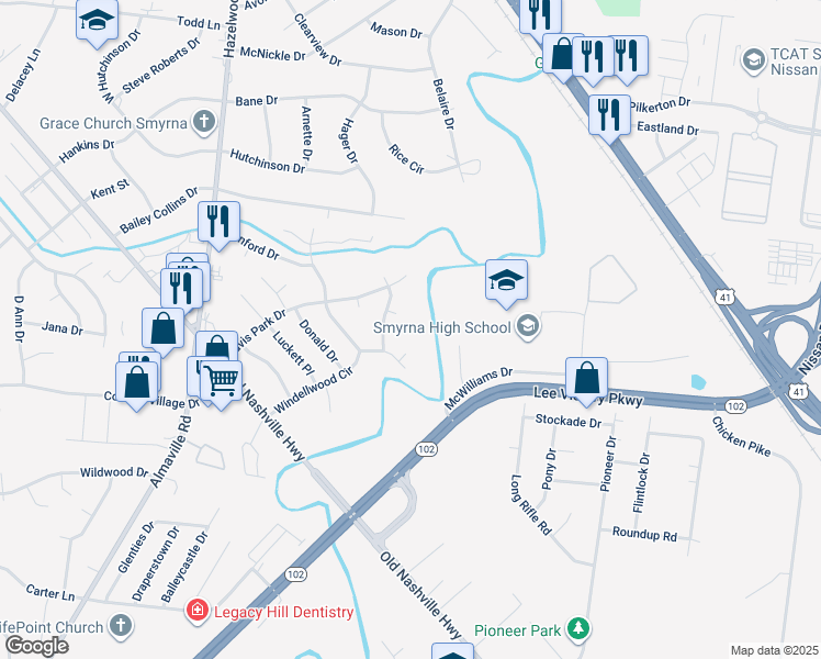 map of restaurants, bars, coffee shops, grocery stores, and more near 105 Suzinne Court in Smyrna