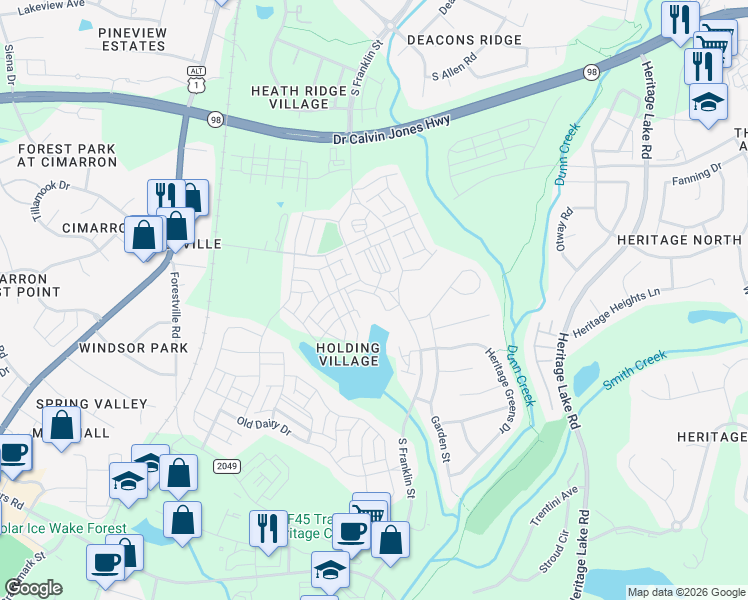 map of restaurants, bars, coffee shops, grocery stores, and more near 1000 Lakeside Terrace Court in Wake Forest