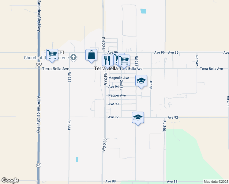 map of restaurants, bars, coffee shops, grocery stores, and more near 23648 Pepper Ave in Terra Bella