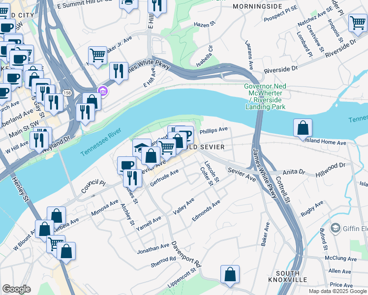 map of restaurants, bars, coffee shops, grocery stores, and more near 1119 Sevier Avenue in Knoxville
