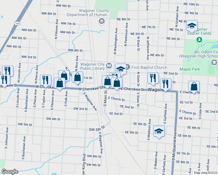 map of restaurants, bars, coffee shops, grocery stores, and more near 203 East Cherokee Street in Wagoner