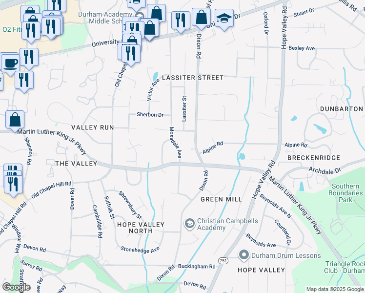 map of restaurants, bars, coffee shops, grocery stores, and more near 3521 Mossdale Avenue in Durham