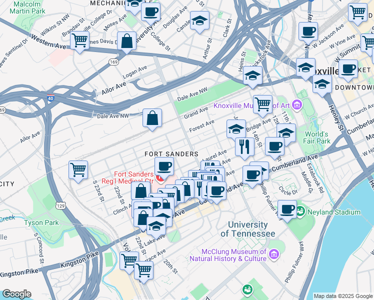 map of restaurants, bars, coffee shops, grocery stores, and more near 1705 Highland Avenue in Knoxville