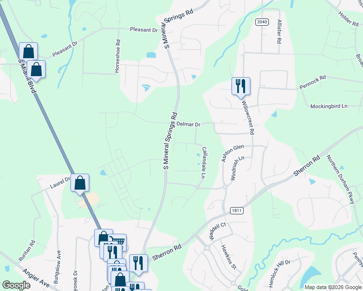 map of restaurants, bars, coffee shops, grocery stores, and more near 505 Callandale Lane in Durham