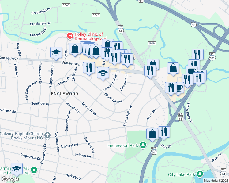 map of restaurants, bars, coffee shops, grocery stores, and more near 119 South Circle Drive in Rocky Mount