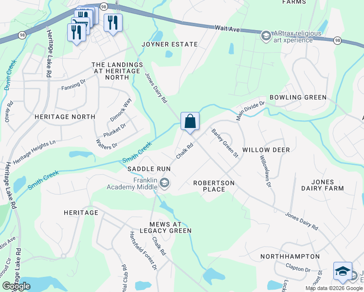 map of restaurants, bars, coffee shops, grocery stores, and more near 1013 Chalk Road in Wake Forest