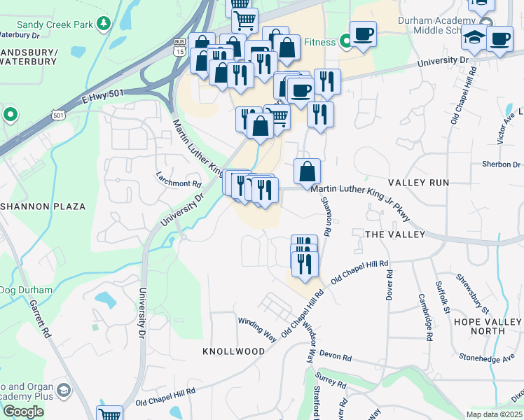 map of restaurants, bars, coffee shops, grocery stores, and more near 1817 Martin Luther King Junior Parkway in Durham