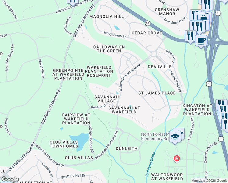 map of restaurants, bars, coffee shops, grocery stores, and more near 12817 Rosalie Street in Raleigh