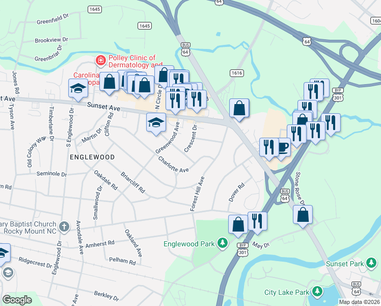 map of restaurants, bars, coffee shops, grocery stores, and more near 119 South Circle Drive in Rocky Mount