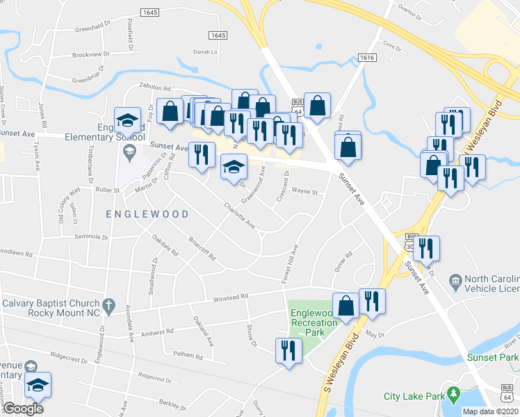 map of restaurants, bars, coffee shops, grocery stores, and more near 119 South Circle Drive in Rocky Mount