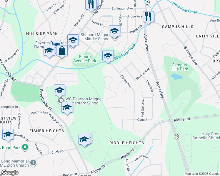 map of restaurants, bars, coffee shops, grocery stores, and more near 2224 Curtis Street in Durham