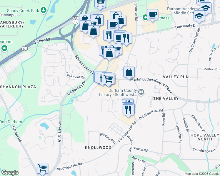 map of restaurants, bars, coffee shops, grocery stores, and more near 1813 Martin Luther King Junior Parkway in Durham