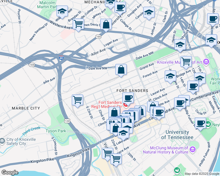 map of restaurants, bars, coffee shops, grocery stores, and more near 2050 Grand Avenue in Knoxville