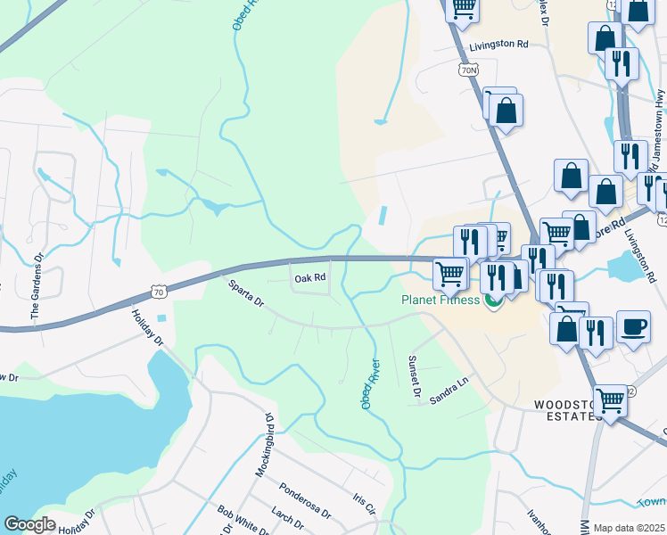 map of restaurants, bars, coffee shops, grocery stores, and more near 37 River Lane in Crossville