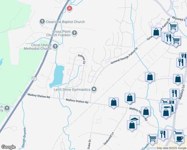 map of restaurants, bars, coffee shops, grocery stores, and more near 1547 Brentwood Point in Franklin