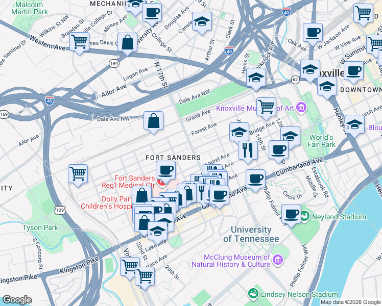 map of restaurants, bars, coffee shops, grocery stores, and more near 1701 Highland Avenue in Knoxville