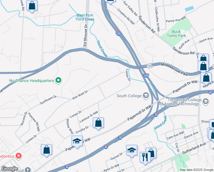 map of restaurants, bars, coffee shops, grocery stores, and more near 1725 Kim Watt Drive in Knoxville