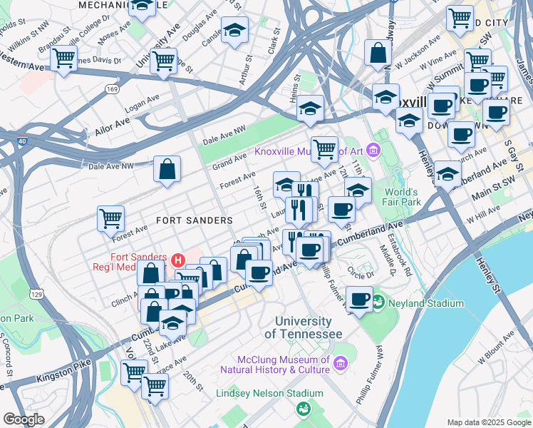 map of restaurants, bars, coffee shops, grocery stores, and more near 16th Street in Knoxville