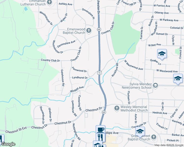 map of restaurants, bars, coffee shops, grocery stores, and more near 1103 Brookwood Drive in High Point