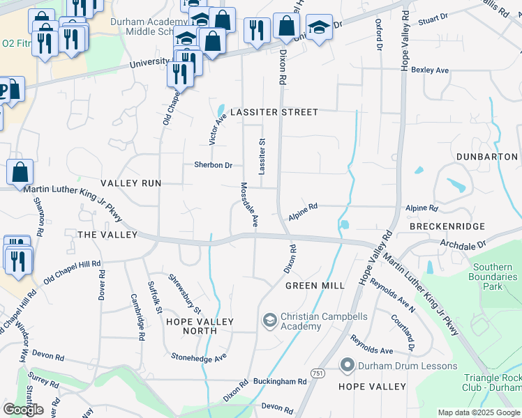 map of restaurants, bars, coffee shops, grocery stores, and more near 3521 Mossdale Avenue in Durham