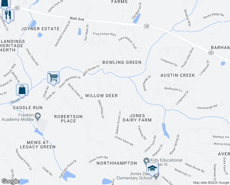 map of restaurants, bars, coffee shops, grocery stores, and more near 6308 Willowdell Drive in Wake Forest