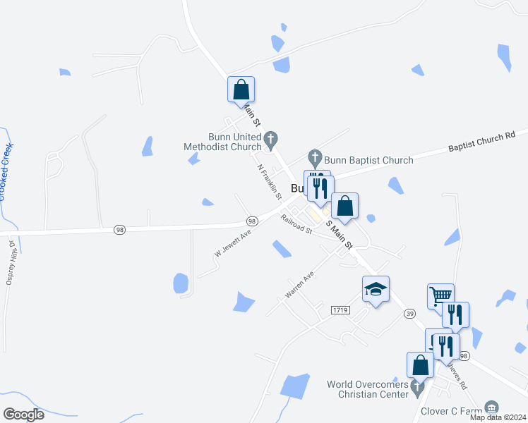 map of restaurants, bars, coffee shops, grocery stores, and more near 306 Nc 98 Highway East in Bunn