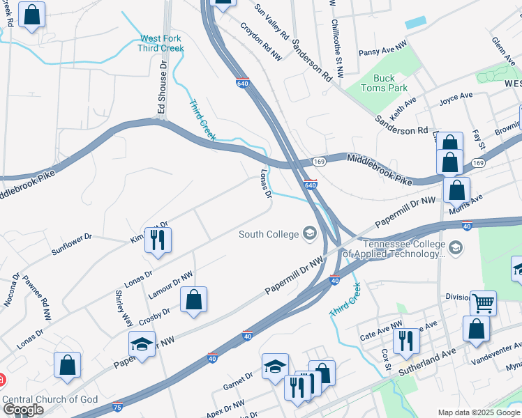 map of restaurants, bars, coffee shops, grocery stores, and more near 3919 Lonas Drive in Knoxville