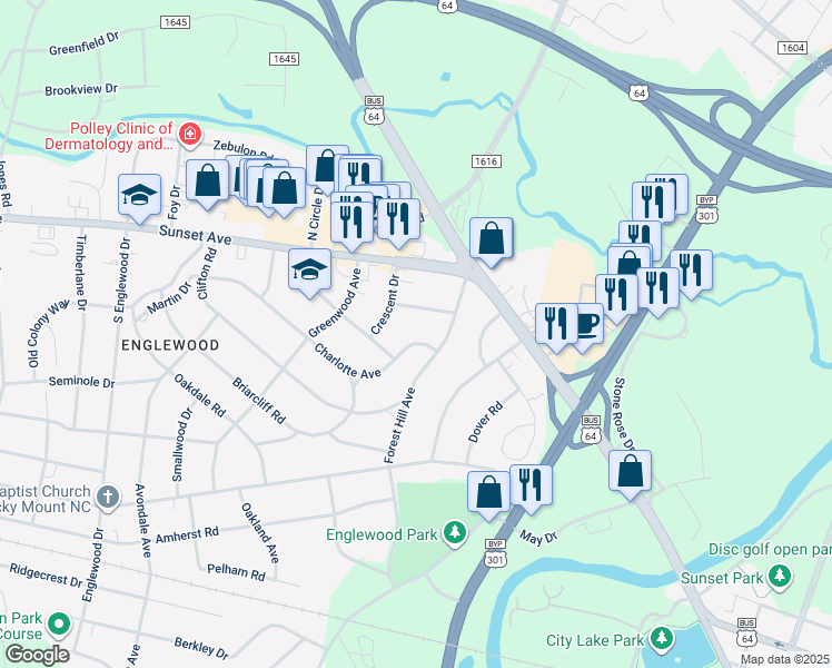 map of restaurants, bars, coffee shops, grocery stores, and more near 116 Charlotte Avenue in Rocky Mount