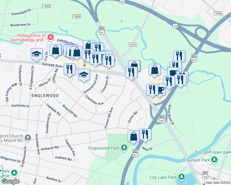 map of restaurants, bars, coffee shops, grocery stores, and more near 116 Charlotte Avenue in Rocky Mount