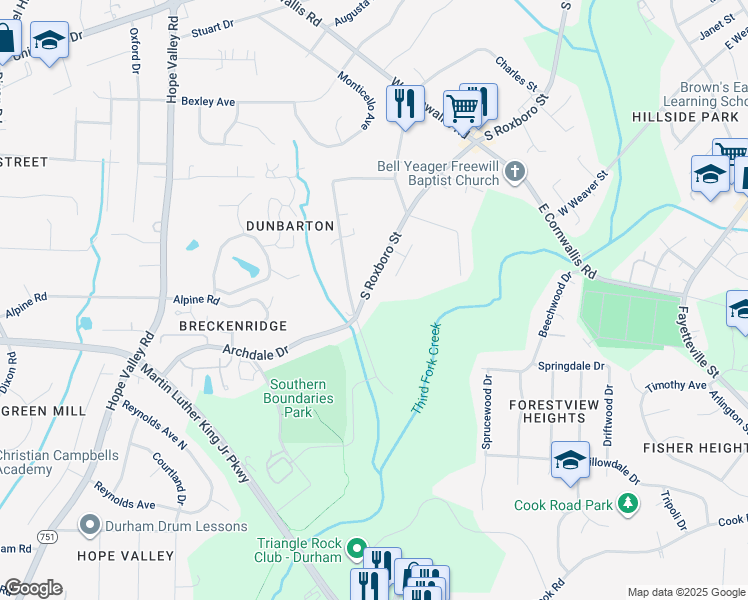 map of restaurants, bars, coffee shops, grocery stores, and more near 2919 South Roxboro Street in Durham