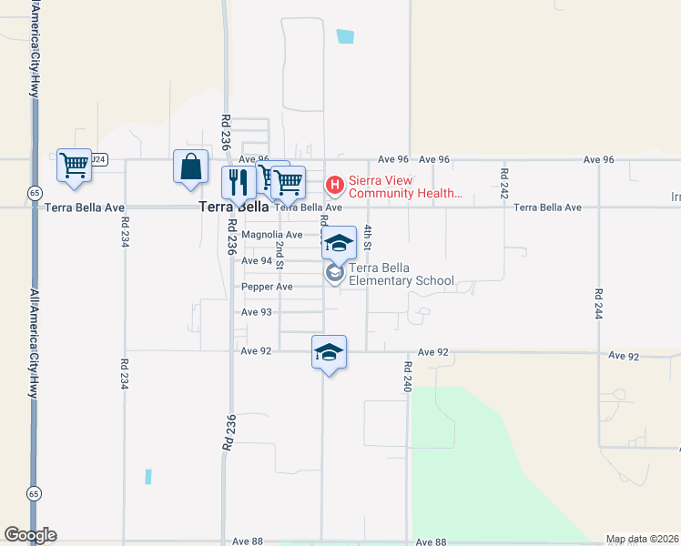 map of restaurants, bars, coffee shops, grocery stores, and more near 9364 Road 238 in Terra Bella