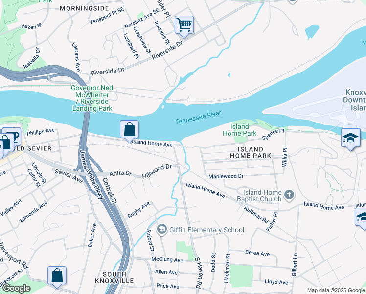 map of restaurants, bars, coffee shops, grocery stores, and more near 1823 Island Home Avenue in Knoxville