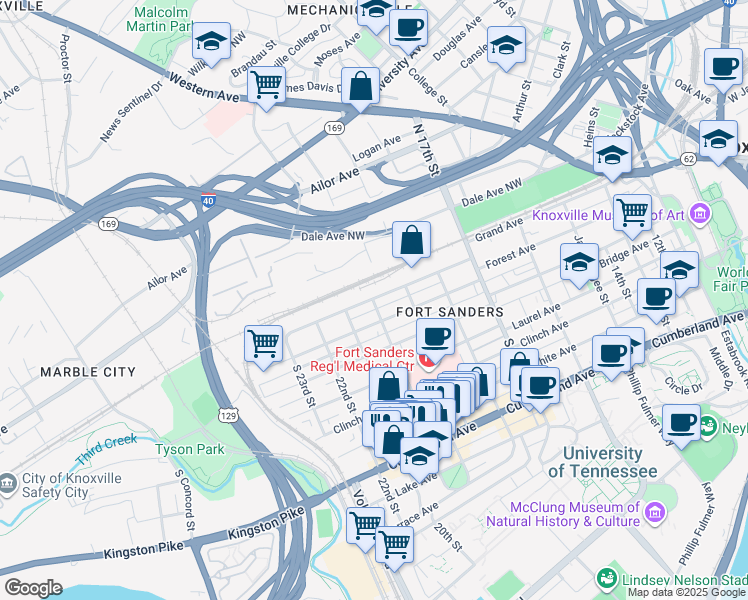 map of restaurants, bars, coffee shops, grocery stores, and more near 2050 Grand Avenue in Knoxville