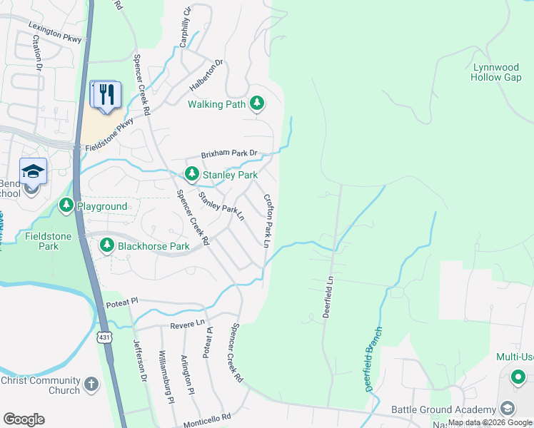map of restaurants, bars, coffee shops, grocery stores, and more near 425 Chamberlain Park Lane in Franklin
