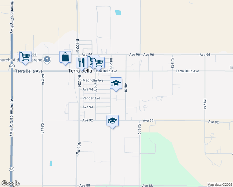 map of restaurants, bars, coffee shops, grocery stores, and more near 9364 Road 238 in Terra Bella