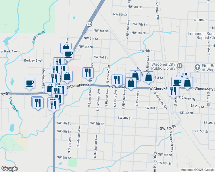 map of restaurants, bars, coffee shops, grocery stores, and more near 701 West Cherokee Street in Wagoner