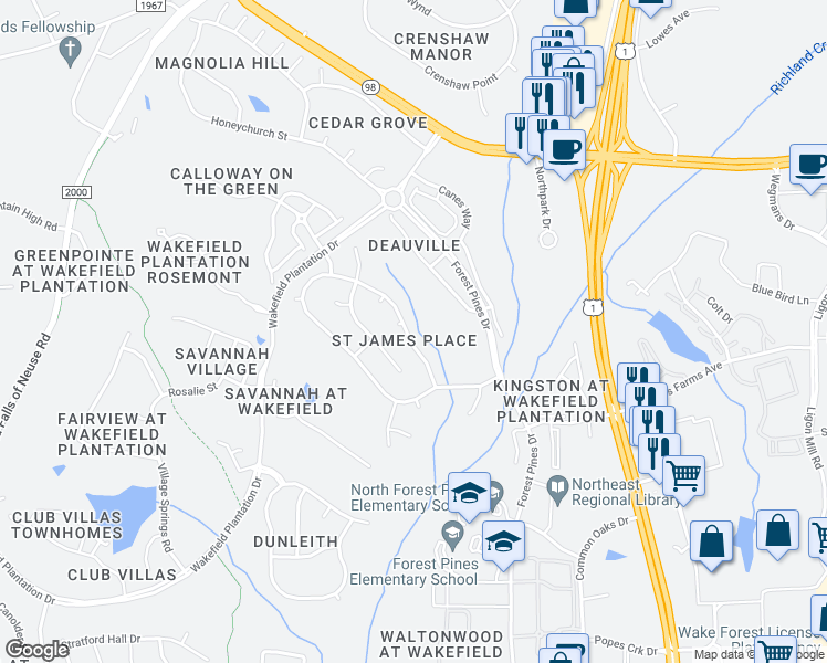 map of restaurants, bars, coffee shops, grocery stores, and more near 12439 Pawleys Mill Circle in Raleigh