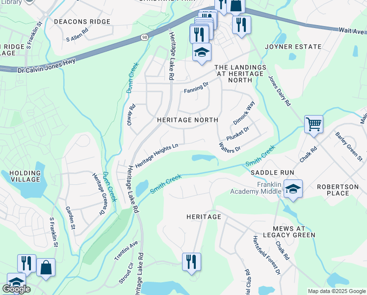 map of restaurants, bars, coffee shops, grocery stores, and more near 1320 Heritage Heights Lane in Wake Forest