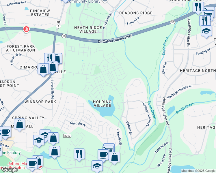 map of restaurants, bars, coffee shops, grocery stores, and more near 1000 Lakeside Terrace Court in Wake Forest