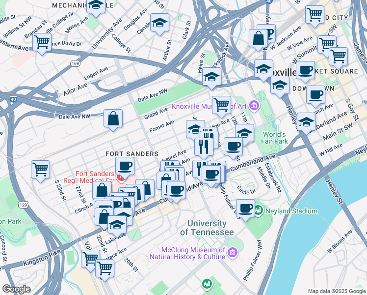 map of restaurants, bars, coffee shops, grocery stores, and more near 1539 Laurel Avenue in Knoxville