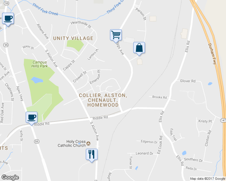 map of restaurants, bars, coffee shops, grocery stores, and more near 1911 Collier Drive in Durham