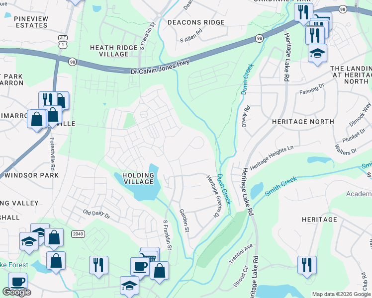 map of restaurants, bars, coffee shops, grocery stores, and more near Artisan Park Drive in Wake Forest